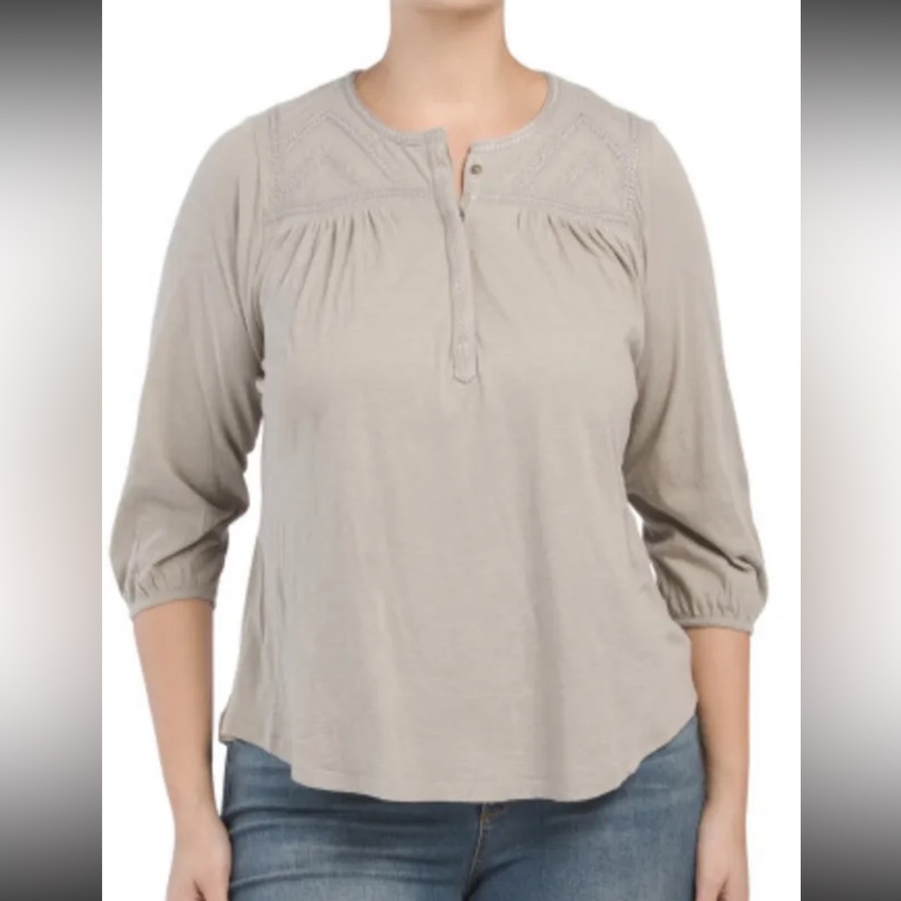 Lucky Brand woman’s 2XL EMBROIDERED TOP NWT All Season Gray Cotton lightweight